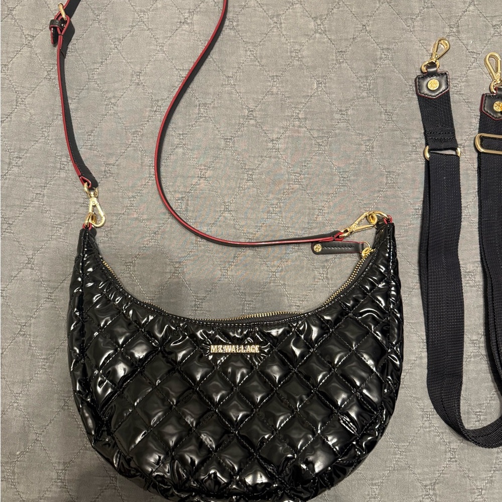 MZ Wallace Black Quilted Crosby Luna Crossbody Bag with Gold Accents
